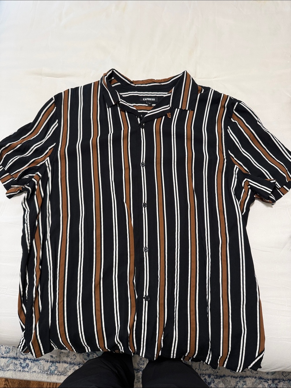 Express Men’s Short Sleeve Vertical Stripe Shirt - Black, Brown & White